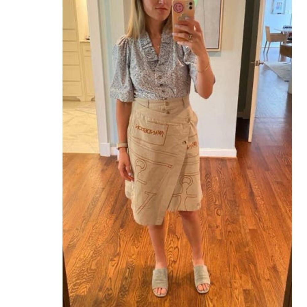 JW ANDERSON Tan Khaki 100% Cotton A-Line Logo Travel Asymmetrical Wrap Skirt 10